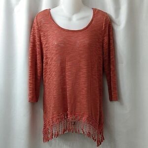 Almost Famous Boho Burnout Fringe Tunic Scoop Neck 3/4 Sleeve